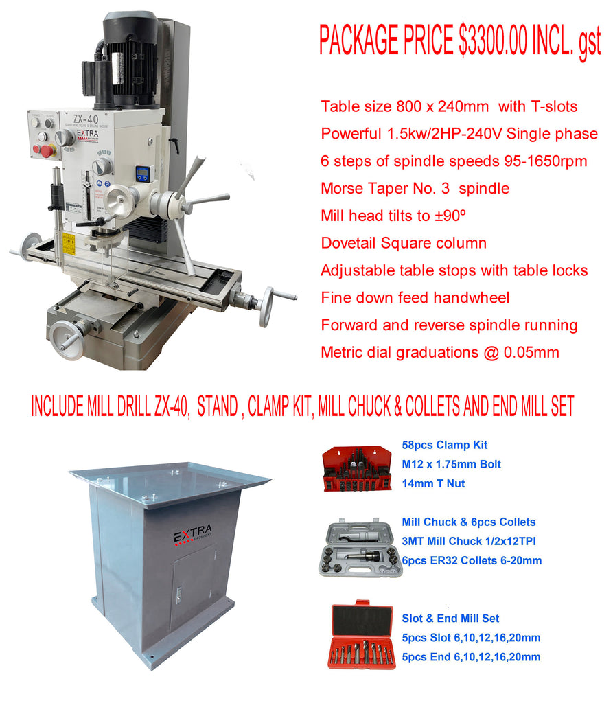PACKAGE II ZX40 Mill Drill & STAND & TOOL KITS Geared & Tilting Head