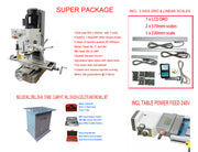SUPER PACKAGE III ZX-40 Mill Drill & STAND & TOOL KITS, 3AXIS DRO & POWER FEED- Geared & Tilting Head with 800 x 240mm table