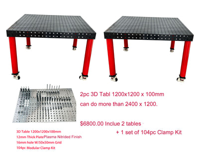 2PC OF 3D Welding table 1200 x1200 x100mm W/ ONE SET 104pc  Modular Fixture Kit