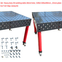 Package of 2pc 28mm Hole  3D  Welding table 1200 x1200 x200mm Nitrided Finish W/ one set 50pc Clamp Kit