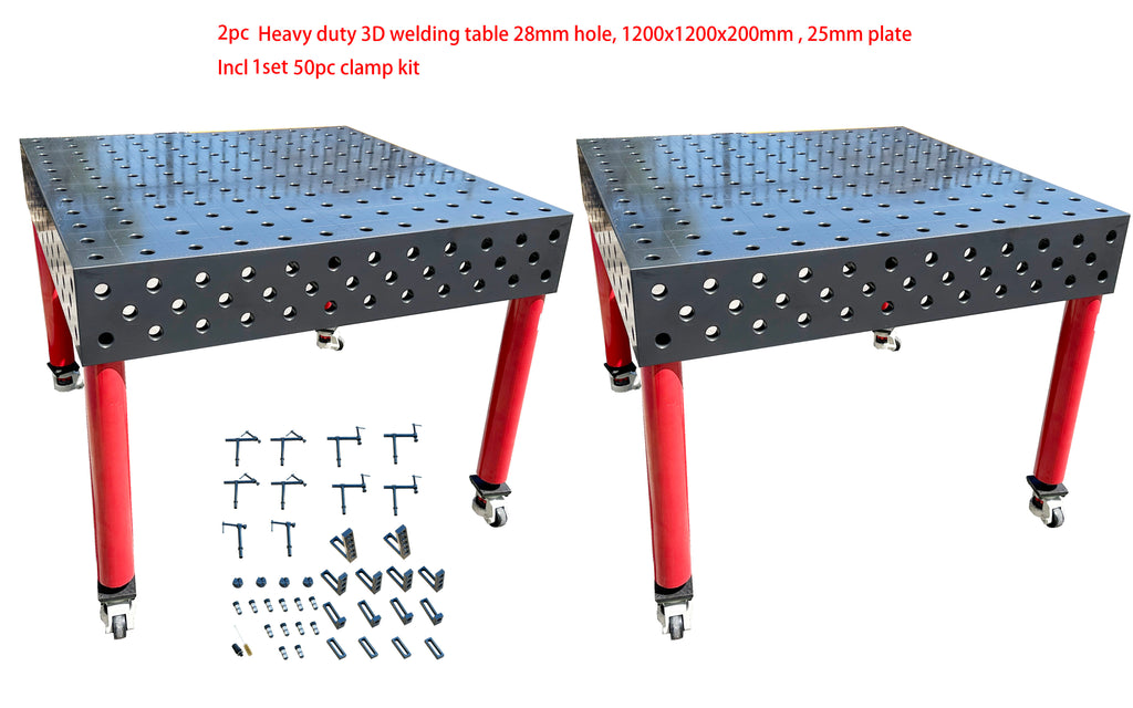 Package of 2pc 28mm Hole  3D  Welding table 1200 x1200 x200mm Nitrided Finish W/ one set 50pc Clamp Kit