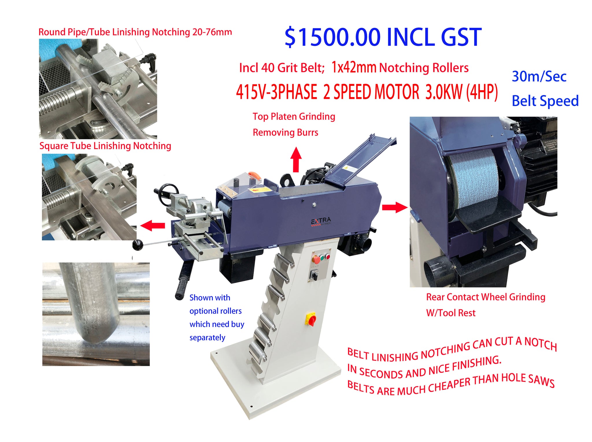 PTN-2001 Pipe & Tube Notcher – Linisher 3 Working Stations Incl 42mm R ...