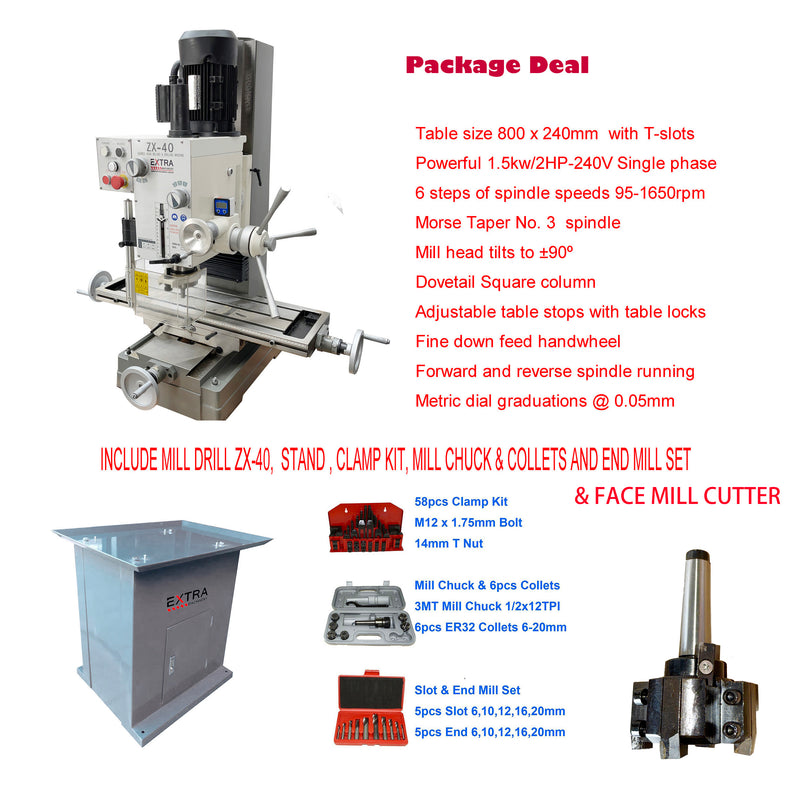 PACKAGE AA ZX-40 Mill Drill & STAND & TOOL KITS- Geared & Tilting