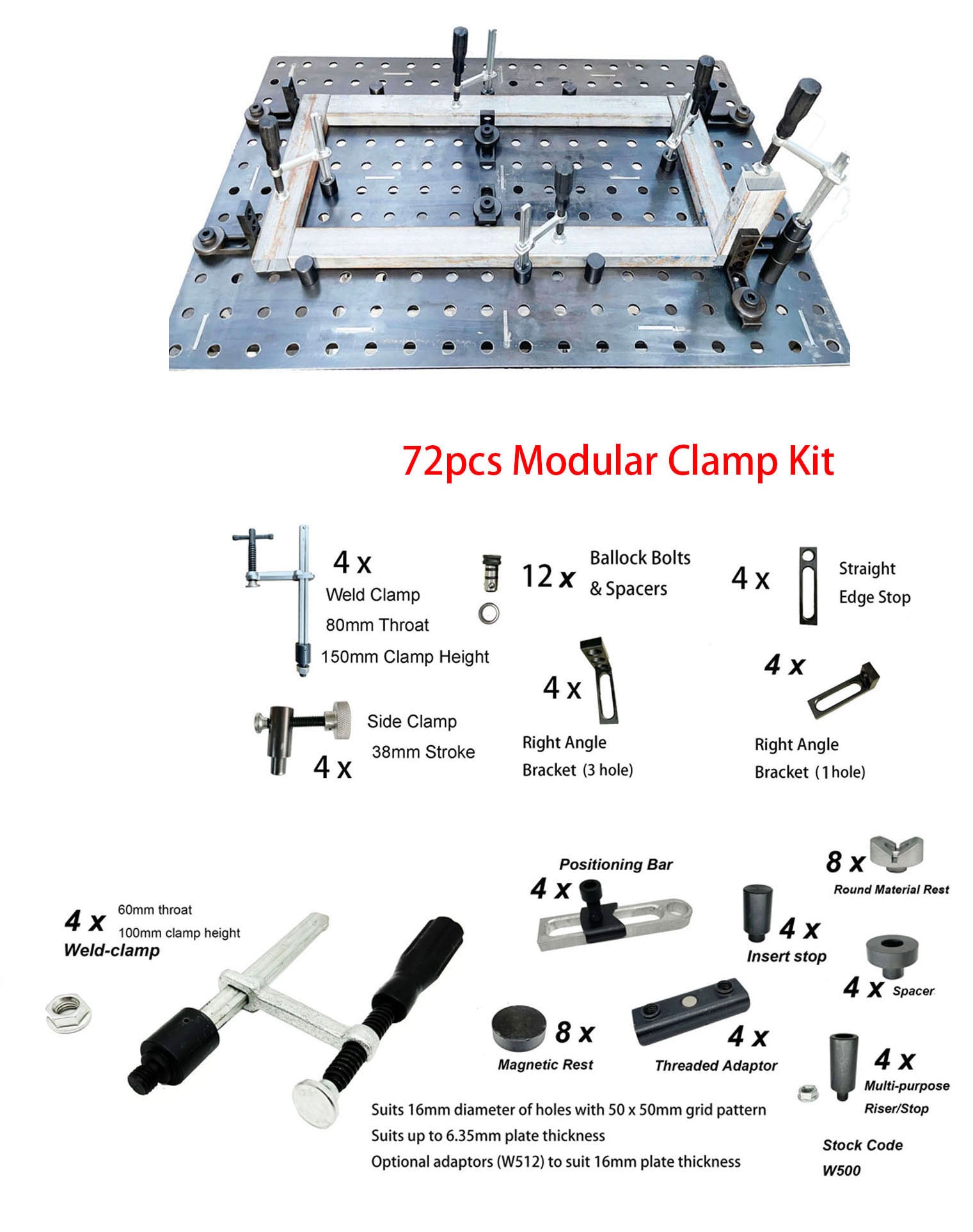 72 pcs Modular Fixture Kit for 16mm hole weld table & 4-12mm Thick Tab ...